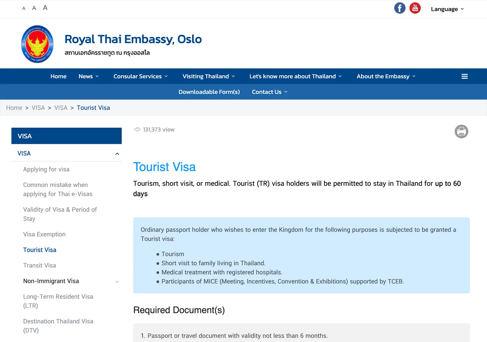 Royal Thai Embassy Oslo page headed Tourist Visa, with a box listing the purposes of the visa and the start of the documents list.