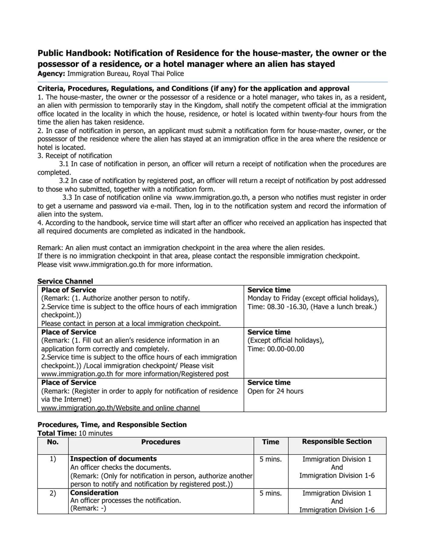 First page of the Immigration Bureau public handbook for residence notification by the house-master, owner or hotel manager, with numbered criteria.