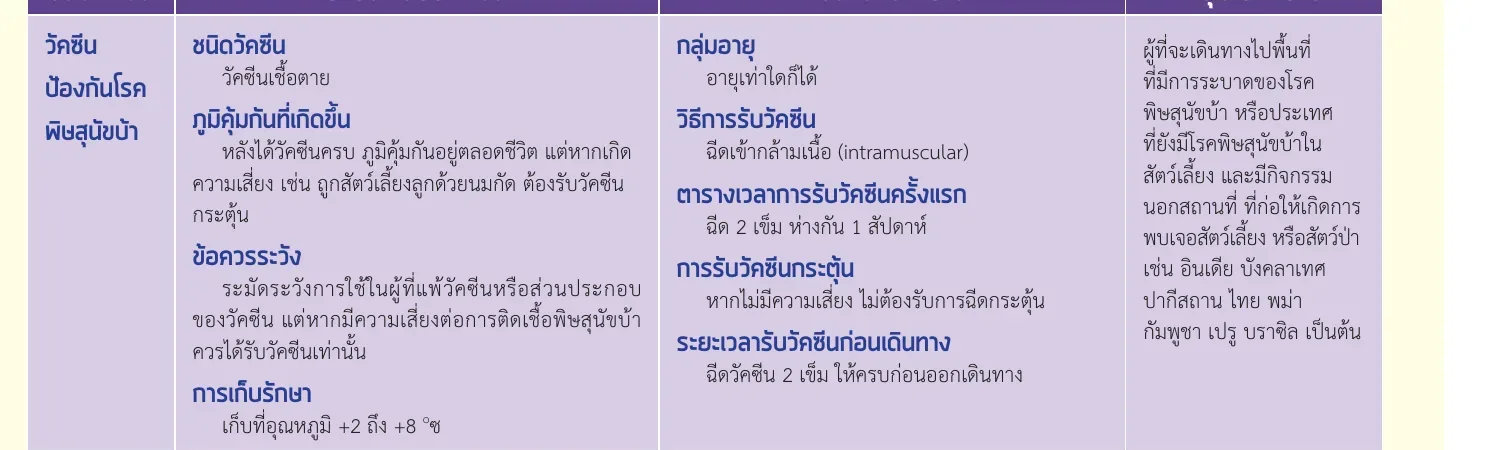Thai-language table row from a Department of Disease Control poster on the rabies vaccine, with columns for details, dose and target group.