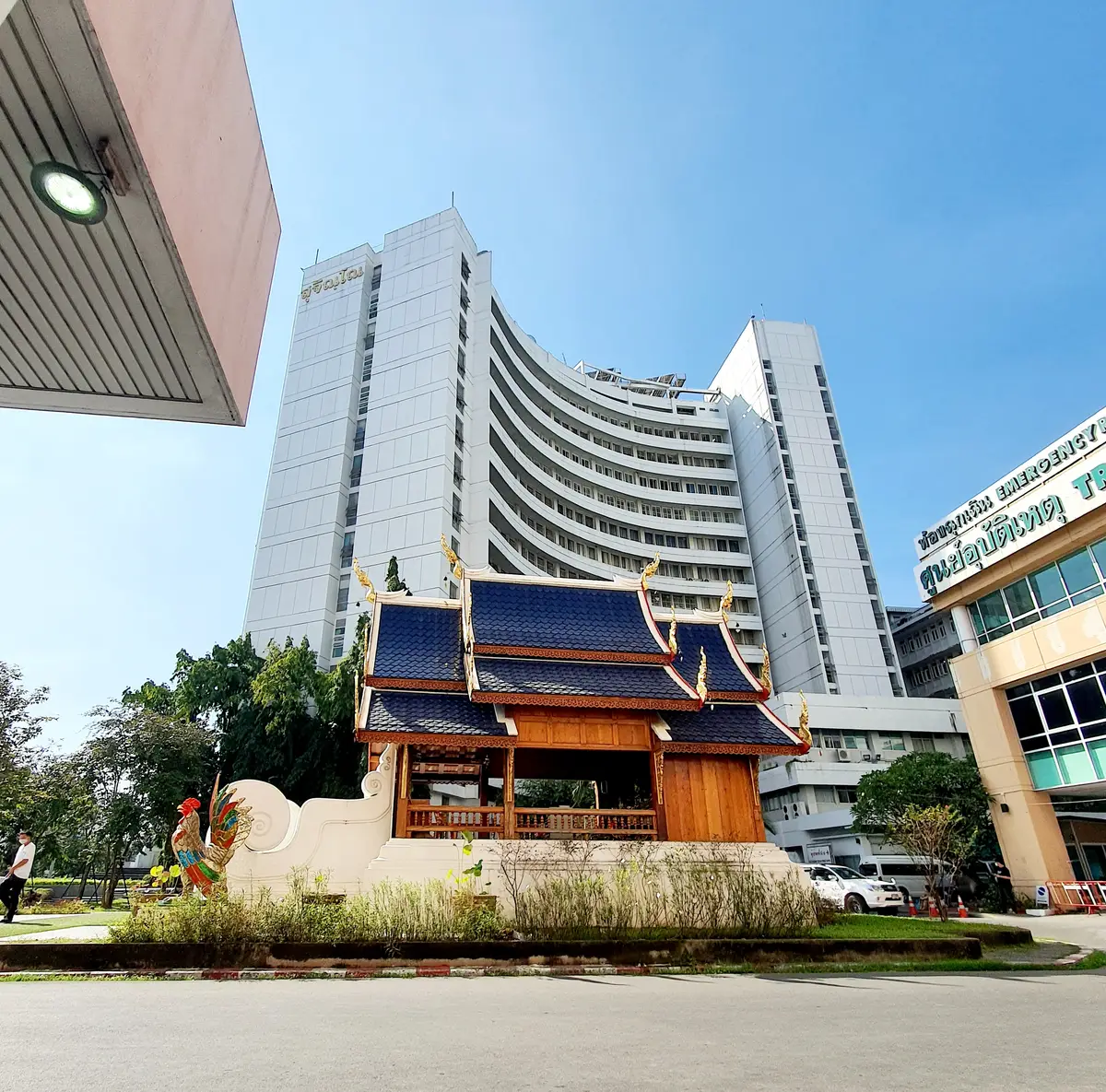 Curved multi-storey hospital block behind a small wooden Lanna-style pavilion with a carved roof and a cockerel statue.