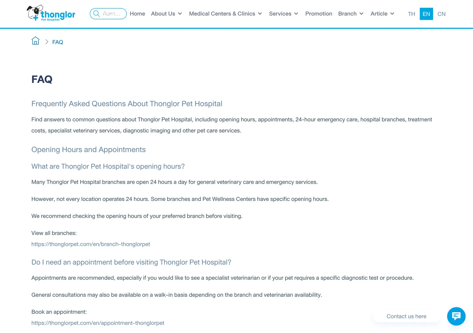 FAQ page of the Thonglor Pet Hospital website with questions about opening hours and appointments