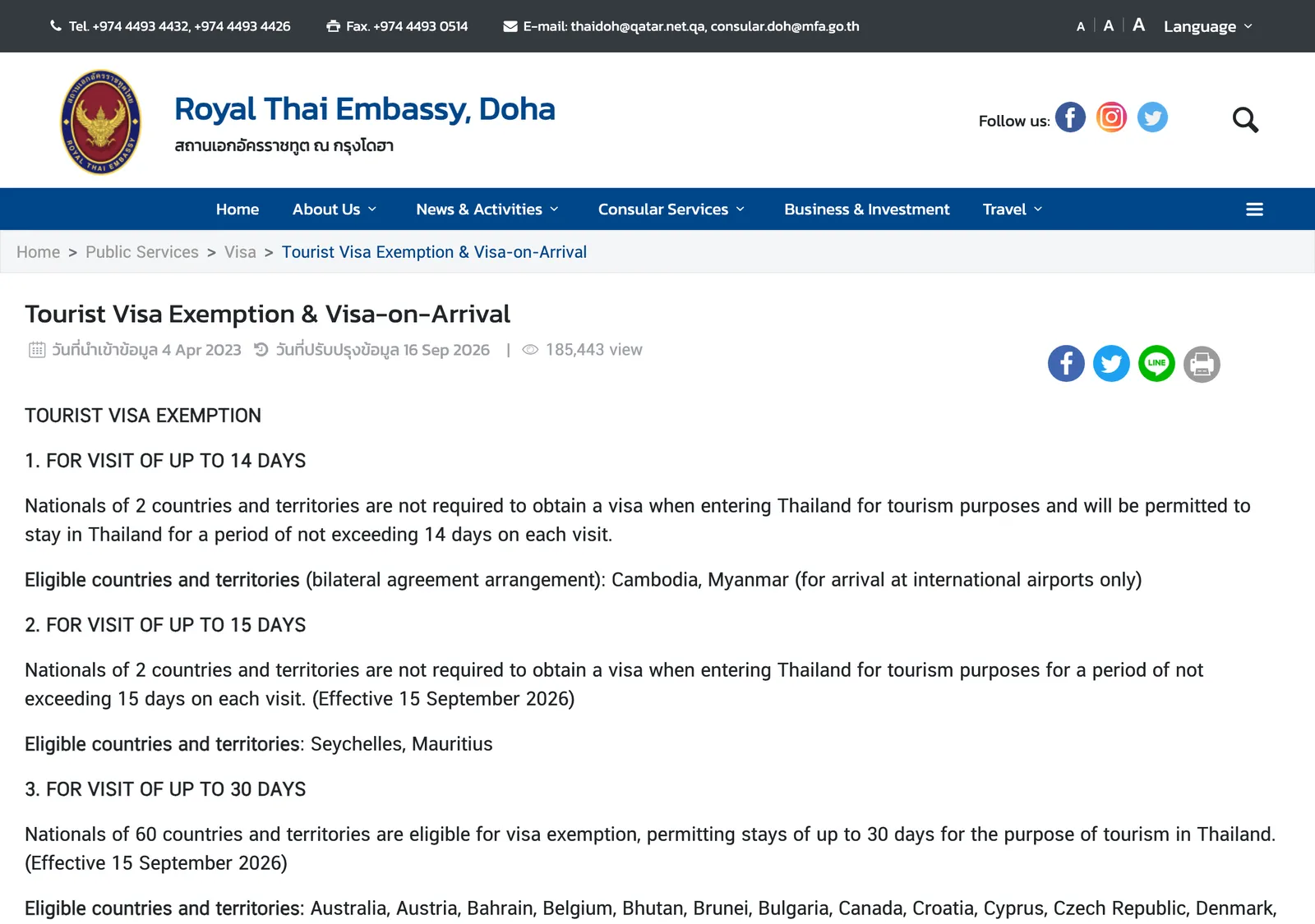 Royal Thai Embassy Doha web page headed Tourist Visa Exemption and Visa-on-Arrival, with lists of countries grouped by length of stay.
